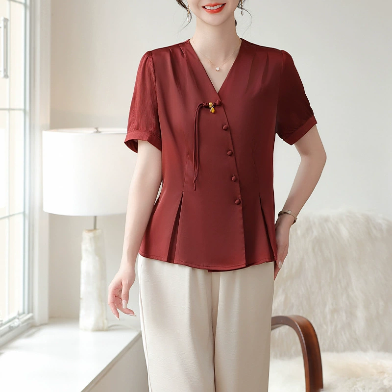 Женщины среднего и пожилого возраста одеваются в праздничный летний новый китайский топ с короткими рукавами