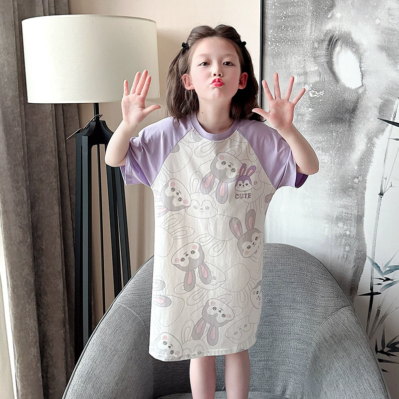 Cartoon summer children's pijama, mini-skirt, long skirt, with short sleeve, family style