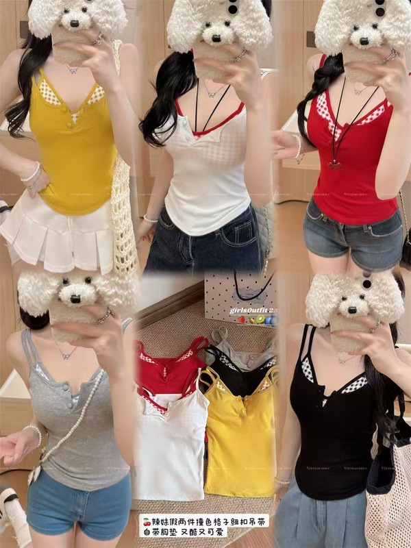 ドーパミンイエローチェック柄クロスホットガールレース美しいバックキャミソール女性の夏の刺繍文字レーヨン偽ツーピース|undefined