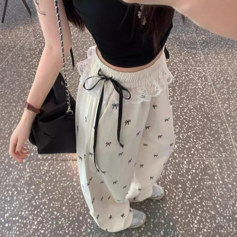 Sweet Spice Girl Lace Stitching Casual Pants Bow Pants Women's Summer Loose Loose Waist Wide Leg Pants Straight Leg Pants