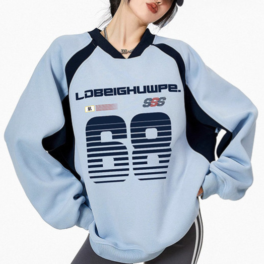 American Retro Trendy Brand V-Neck Sweatshirt for Women, Spring and Autumn Thin Loose Lazy Style Hooded Sports Top with a Sense of Design