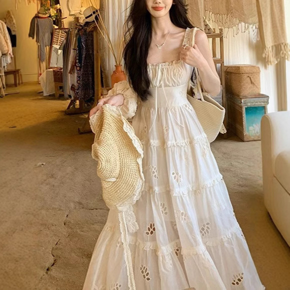 A Sweet Peach Yiket "Sunset Eden" Suspender Dress for Women, Summer Fairy Dress with a Cinched Waist and Long Skirt