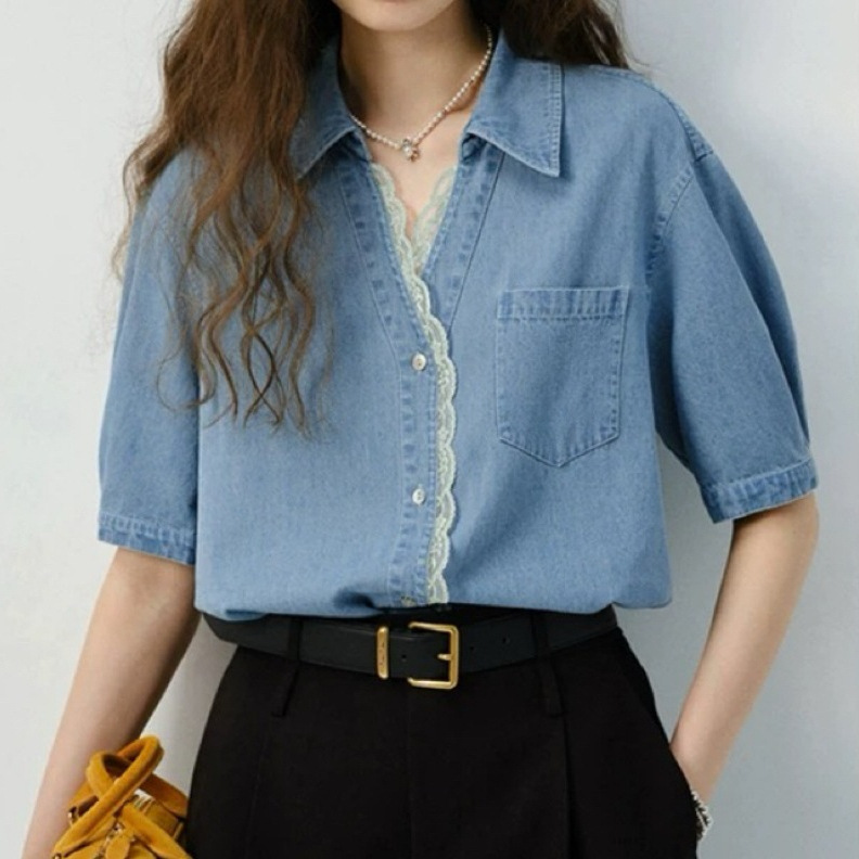 High-End Denim Shirt for Women 2025 New Summer French Lace Lace Splicing Casual Short-Sleeved Top Trendy