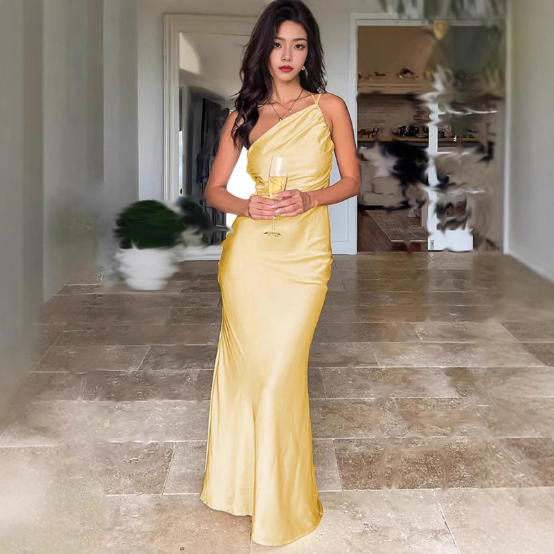 European and American Cross-Border Fashion Elegant Sexy Elegant Lv Women's Pure Color Satin Simple Backless Oblique Collar Long Dress European and American Cross-Border Fashion Elegant Sexy Elegant Lv Women's Pure Color Satin Simple Backless Oblique Collar Long Dress