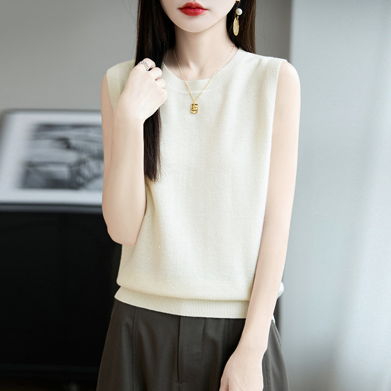 2025 Early Autumn New Wool Round Neck Knitted Sleeveless Vest Women's Pure Color Sequin Pullover Bottoming Shirt Top
