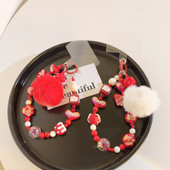 新年喜慶感紅色蝴蝶結愛心混搭珠珠鏈手機掛繩通用手機殼飾品掛件