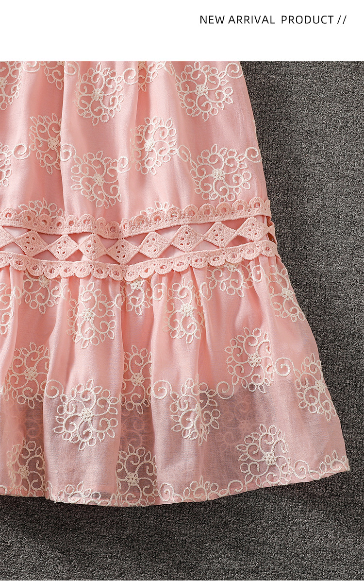 Đầm maxi nữ tay bồng ren hoa V cut-out phong cách Pháp cung đình — xanh lam, màu hồng, màu mơ chi tiết 57