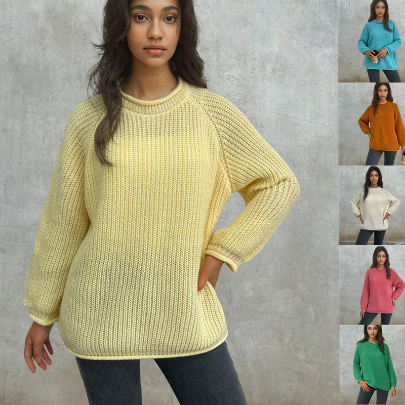 European and American plus size Autumn and Winter Loose Turtleneck Curl Collar Sweater Women's Amazon Cross-border New Coarse Needle Solid Color Knitted Sweater