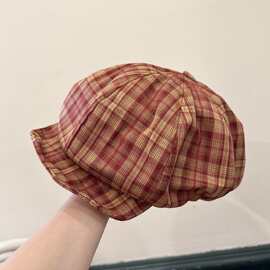 韩系简约格纹薄款贝雷帽女街头文艺画家报童帽潮软檐休闲八角帽子