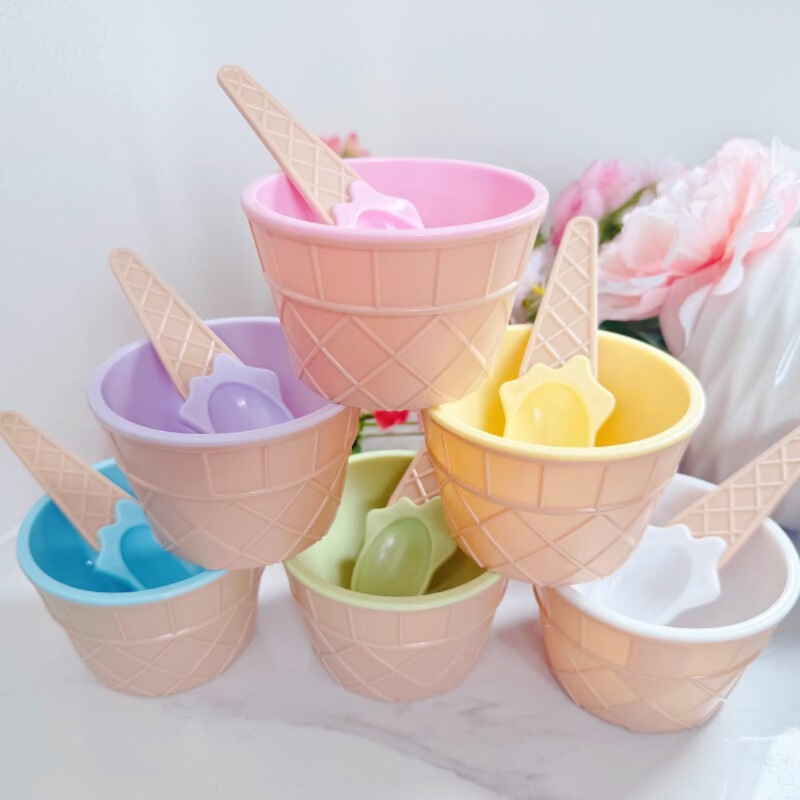 Plastic Ice Cream Bowl Ps Ice Cream Spoon Ice Cream Clay Bowl Set Creative Children's Cartoon Double-Layer Bowl Wholesale
