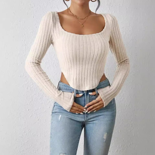 Women's Square Collar Long Sleeve Irregular Plaid T-Shirt - 2024 Autumn New Arrival, Hot Selling on Amazon and AliExpress (Cross-Border)