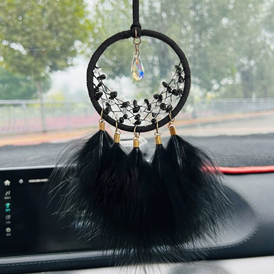 feather crystal stone dream catcher: Car hanging - moon-crystal-car-hanging-black