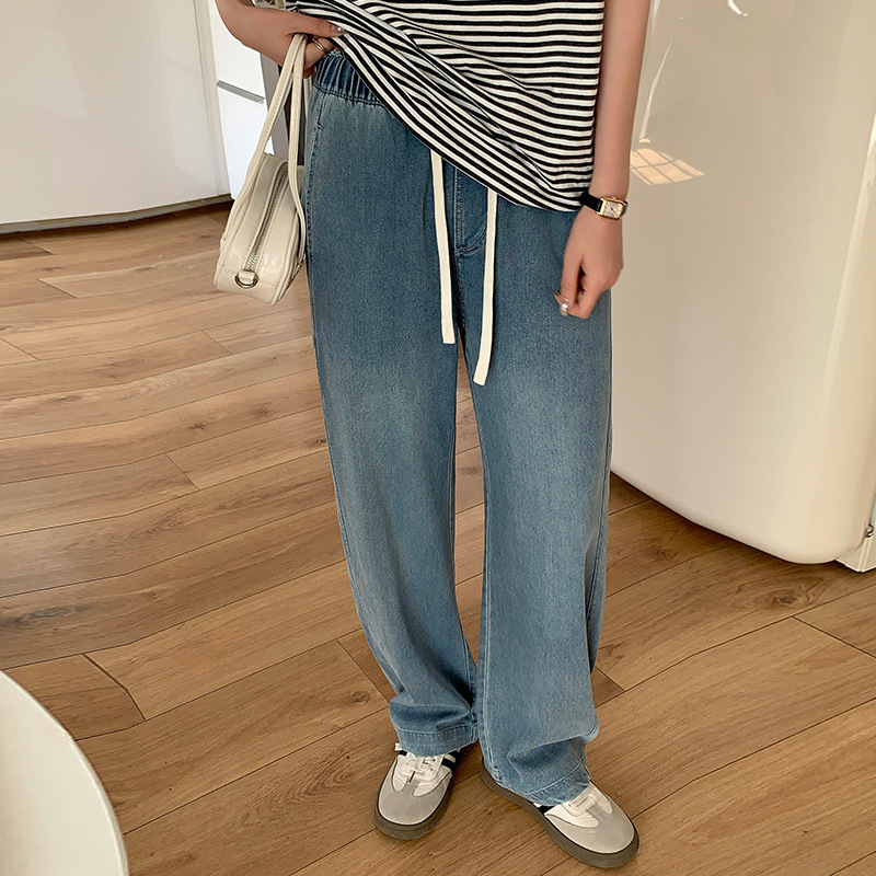 2026 Summer New Thin Tencel Denim Wide-Leg Pants for Women, Versatile High-Waisted Drapey Drawstring Loose Straight Pants