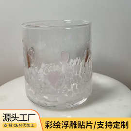 厂家批发水晶玻璃杯粉色小桃心和蝴蝶结贴片杯饮品咖啡杯简约时尚