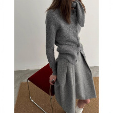 2025早秋韩系高智感穿搭高级感小香风灰色蝴蝶结毛衣半身裙套装女