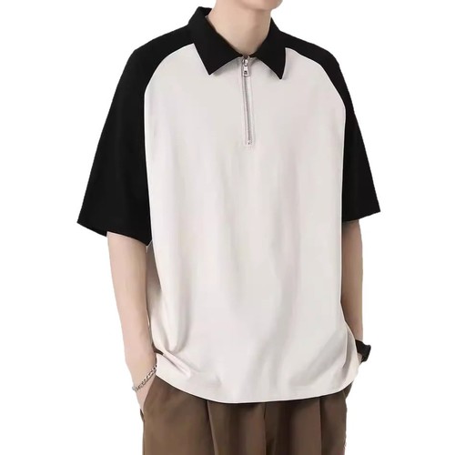Summer 2025 Trend Collared Loose Short Sleeve Men's Fashion Colorblock Half Zip Polo Shirt Casual T-Shirt