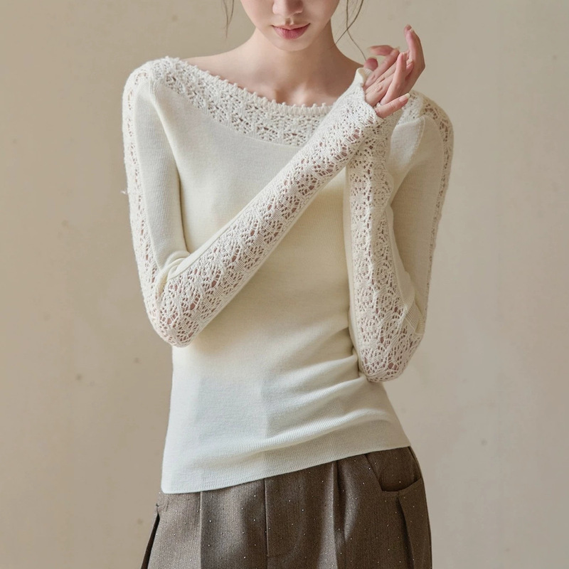 JS German Yangzi Yarn Fine Wool One-Shoulder Crochet Hollow Knit Sweater Top