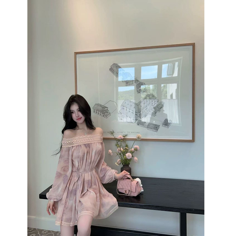Pure Lust Pink One-Shoulder Chiffon Dress Autum New French Style Short-Waisted Lace Lantern Sleeve Skirt