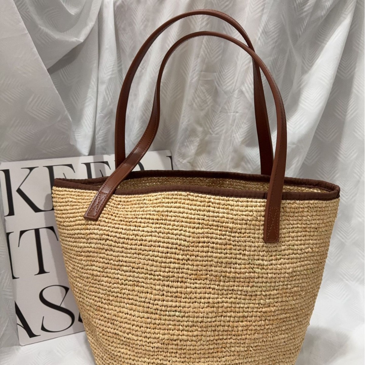Japanese Style Raffia Minimalist Handmade Woven Straw Bag, Beach Vacation Tote, Women's Genuine Leather Handbag & Shoulder Bag - Thumbnail 2