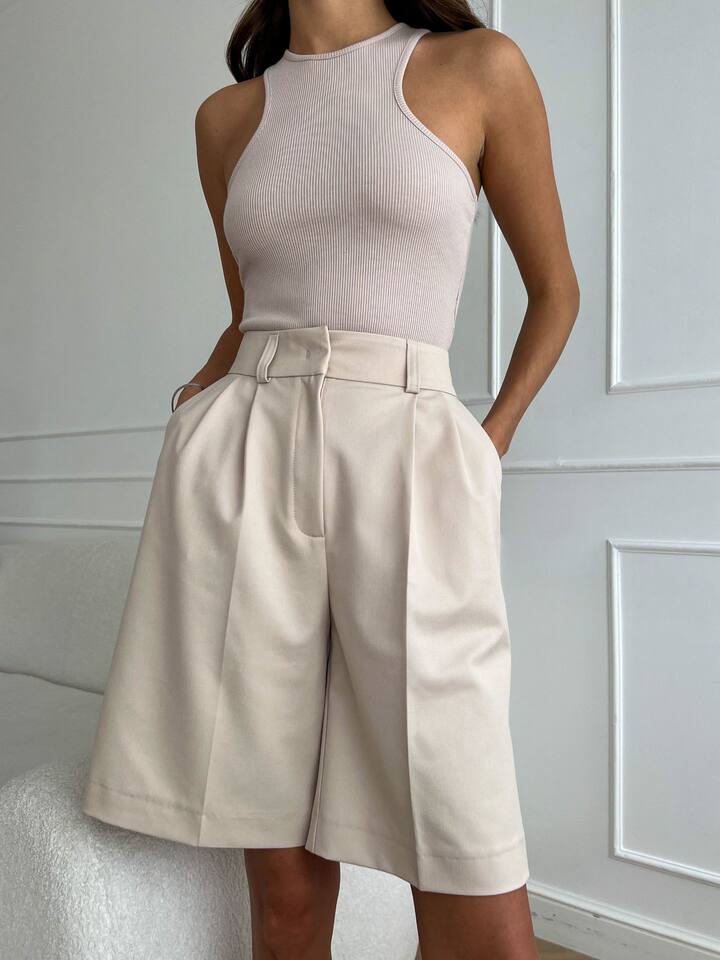 Quần short ống đứng kiểu quần vest lưng cạp chun, dáng năm phần rộng rãi tôn dáng — Màu mơ, Màu trắng chi tiết 19