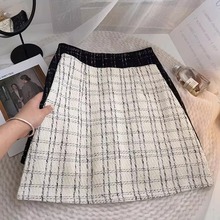 毛呢格纹半身裙女秋装2024韩版小香风高腰显瘦A字包臀ins超火短裙