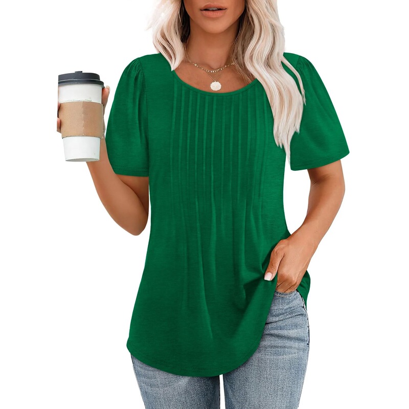 2025 アマゾン貿易ルーズヨーロッパとアメリカの新しいスタイルのプリーツラウンドネック半袖 Tシャツレディーストップストリップ無地婦人服|undefined