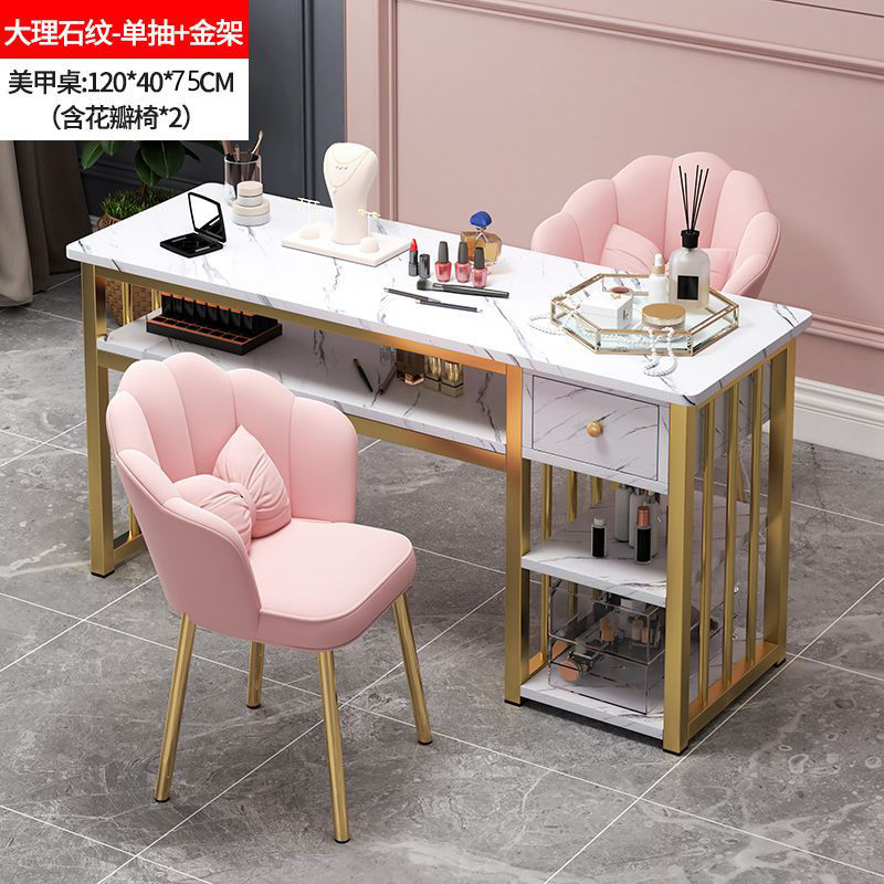 120 골드 프레임 사이드 캐비닛 싱글 서랍 + 꽃잎 스툴*2