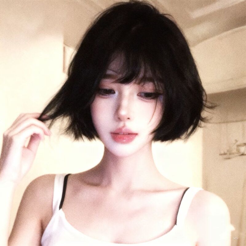 Short Straight Wig for Women, Stylish with Bangs, Fluffy Synthetic Hair, Bob Style, Full Head Wig
