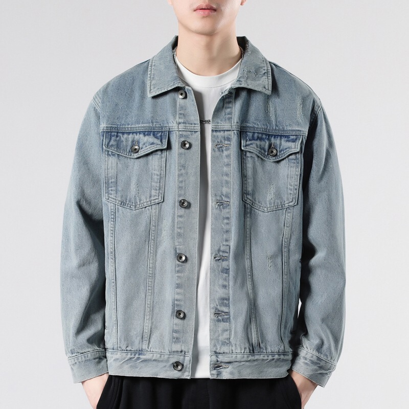 Cross-border foreign trade dropshipping: Men's jacket for Southeast Asia, 2026 autumn, light-colored, distressed cat-scratch denim, trendy for teenagers