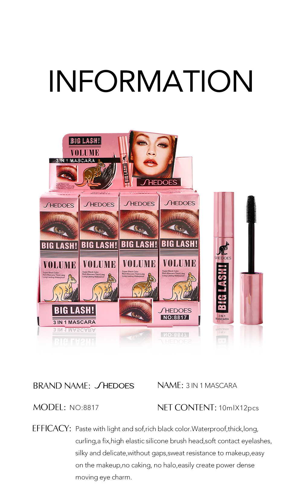 Cross-border SHEDOES Kangaroo Mascara: Waterproof, Thick, Long, Curling, Long-lasting, Big Eyes 4D Mascara undefined