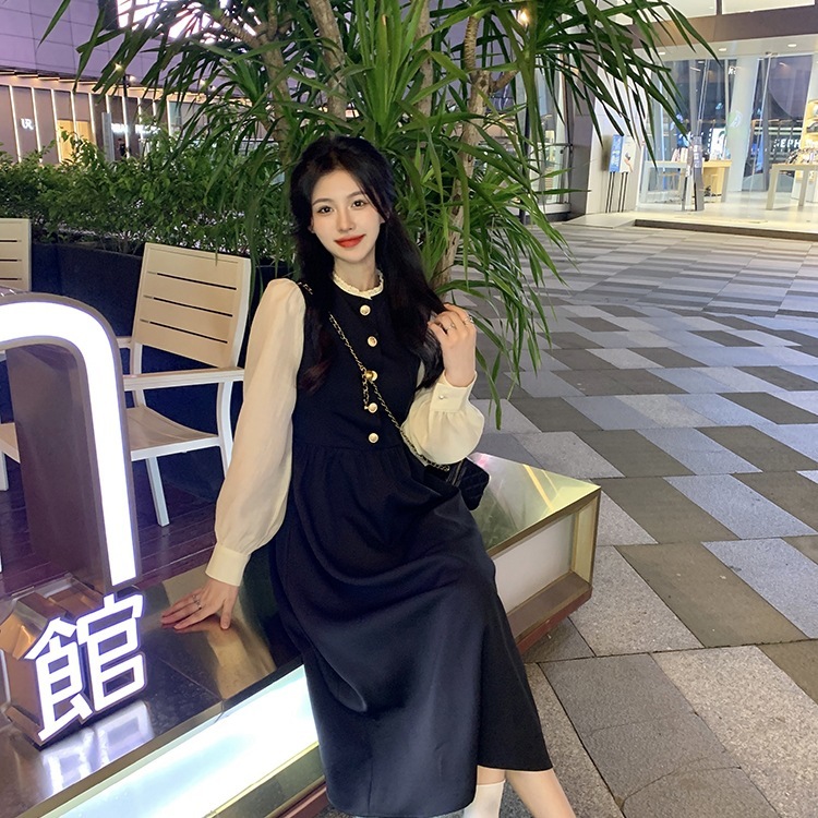 欧美跨境亚马逊新款名媛气质设计感赫本风长裙法式泡泡长袖连衣裙|undefined