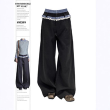 韩系拼接格子花边裤子女夏双腰头假两件西装裤直筒休闲宽松显瘦裤