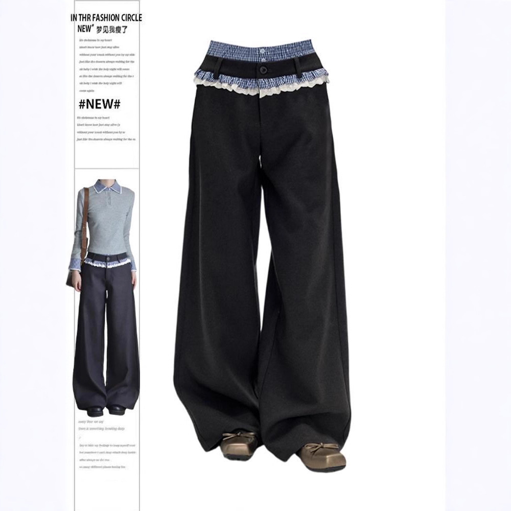 韩系拼接格子花边裤子女夏双腰头假两件西装裤直筒休闲宽松显瘦裤