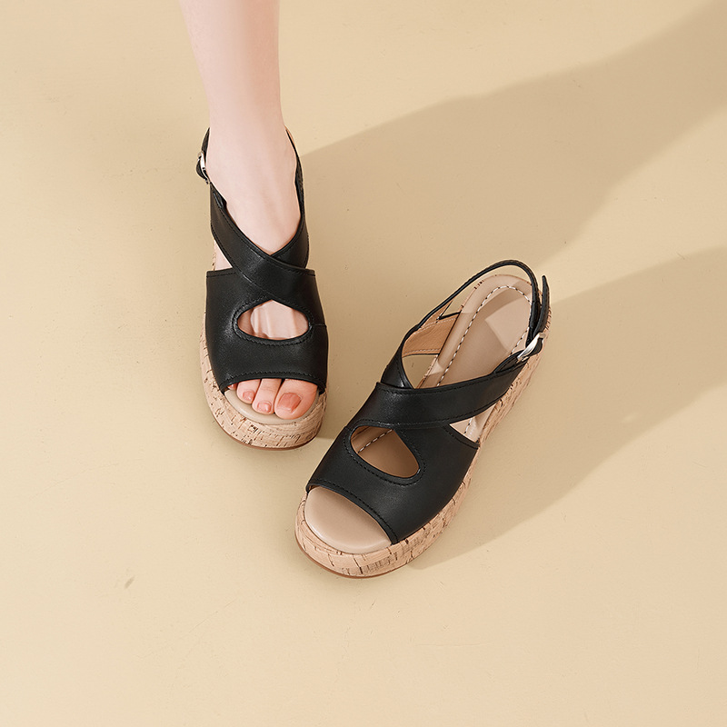 Sandal cao gót nữ hở mũi đế xuồng platform da bò thật quai chéo kiểu La Mã — màu đen, màu nâu nhạt