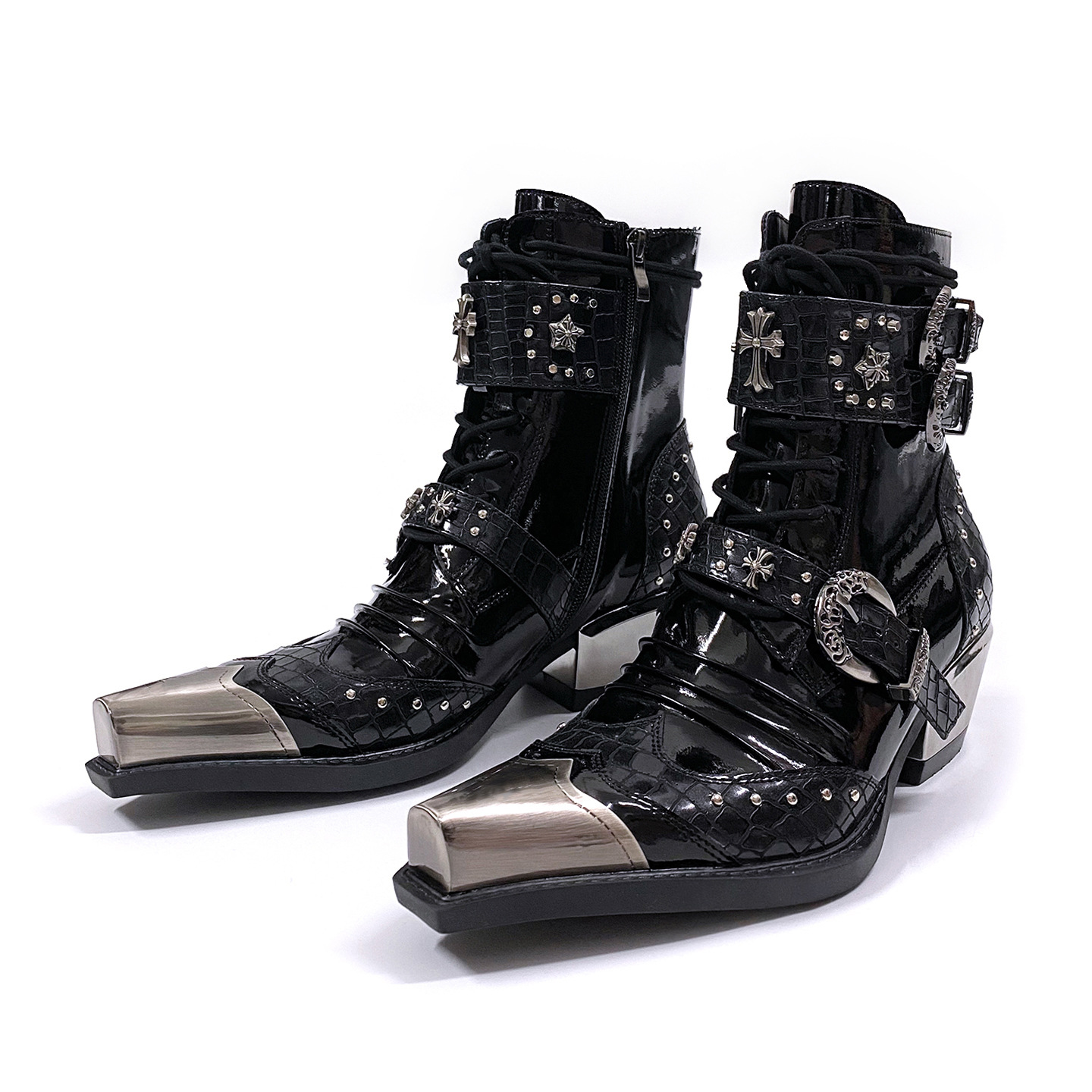 In-Stock Patchwork Chunky Heel Metal Punk Pointed Toe Short Chelsea Boots Unisex Dark Rivet Height-Increasing Riding Boots