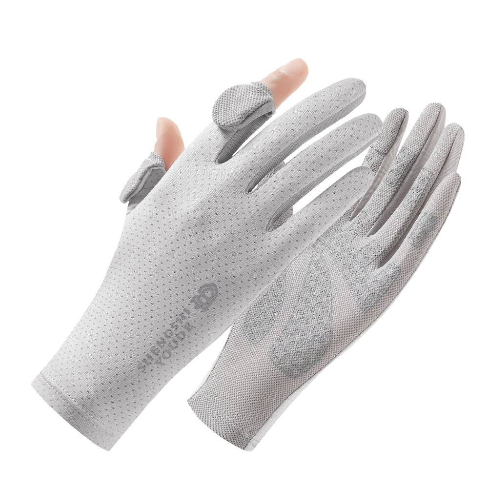 Guantes de protección solar para mujer, verano al aire libre, seda de hielo fina, deportes, conducción, conducción, antideslizante, dedos con fugas, guantes de pesca de dos dedos