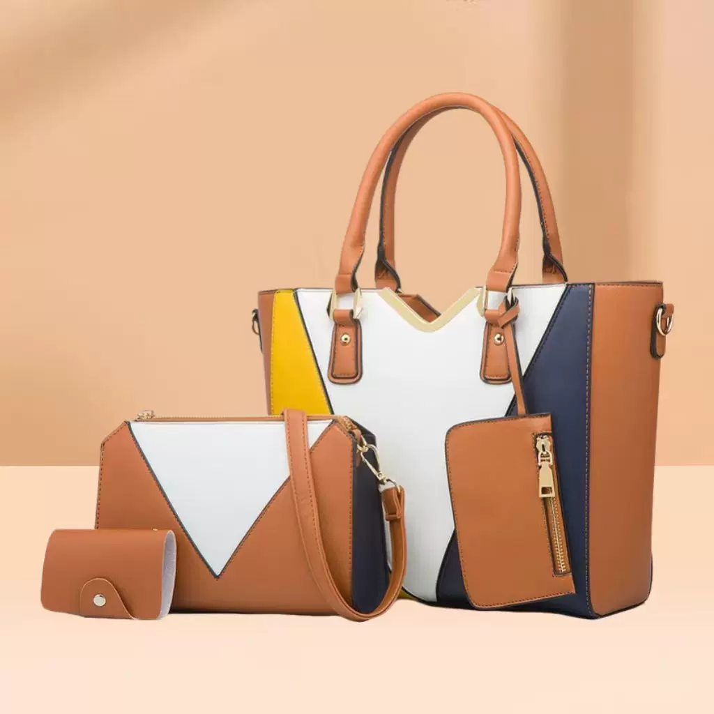 2024新款欧美时尚单肩斜跨女包手提十字纹子母包拼色四件套大包包