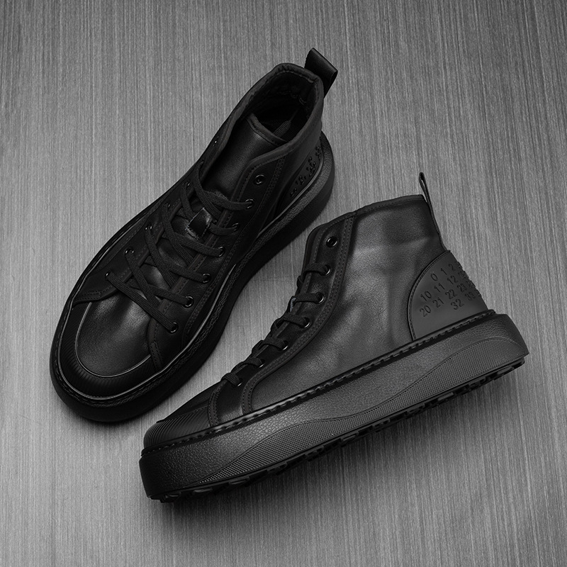 Fashionable Men's Boots, New Autumn and Winter High-Top Sneakers, Men's Leather Shoes, Casual Lace-Up Trendy Fleece-Lined Warm Cotton Shoes