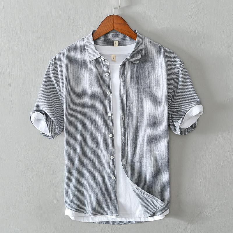 P783 夏季透气百搭衬衣男士  条纹休闲短袖棉麻衬衫 一件代发