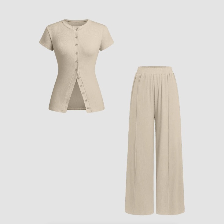 Completo da donna a maniche corte, tinta unita, a vita alta, stile transfrontaliero europeo e americano, modello 2025, nuovo set a due pezzi con maniche corte, tinta unita e vita alta._voghion.com