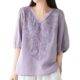 High-end Women's Summer Vintage Gastrodia V-neck Short-sleeved Top Women's Loose plus size Embroidered Thin Shirt