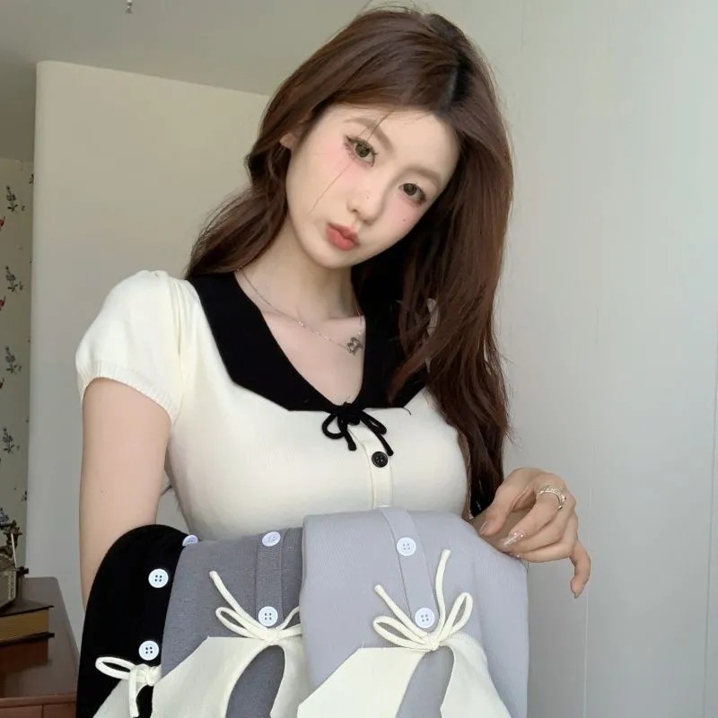 法式气质娃娃领短袖t恤女夏季新款别致打底针织衫短款小众上衣ins