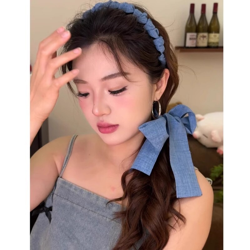 韓国風デニムブルーリボン歯コームヘッドバンド女性用夏用三つ編みヘアバンド女の子用頭頂部ヘアバンド|undefined