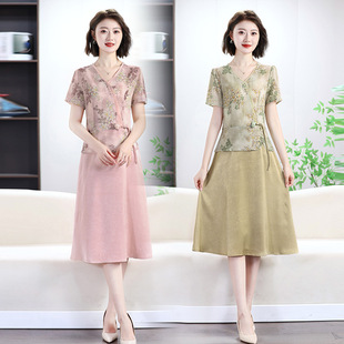 New Chinese Style Mom Summer Dress 2025 New Middle-Aged and Elderly Women's Summer Elegant National Style Fake Two-Piece Skirt