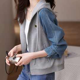 休闲牛仔拼接上衣2023年秋冬新款抽绳连帽质感百搭外套女