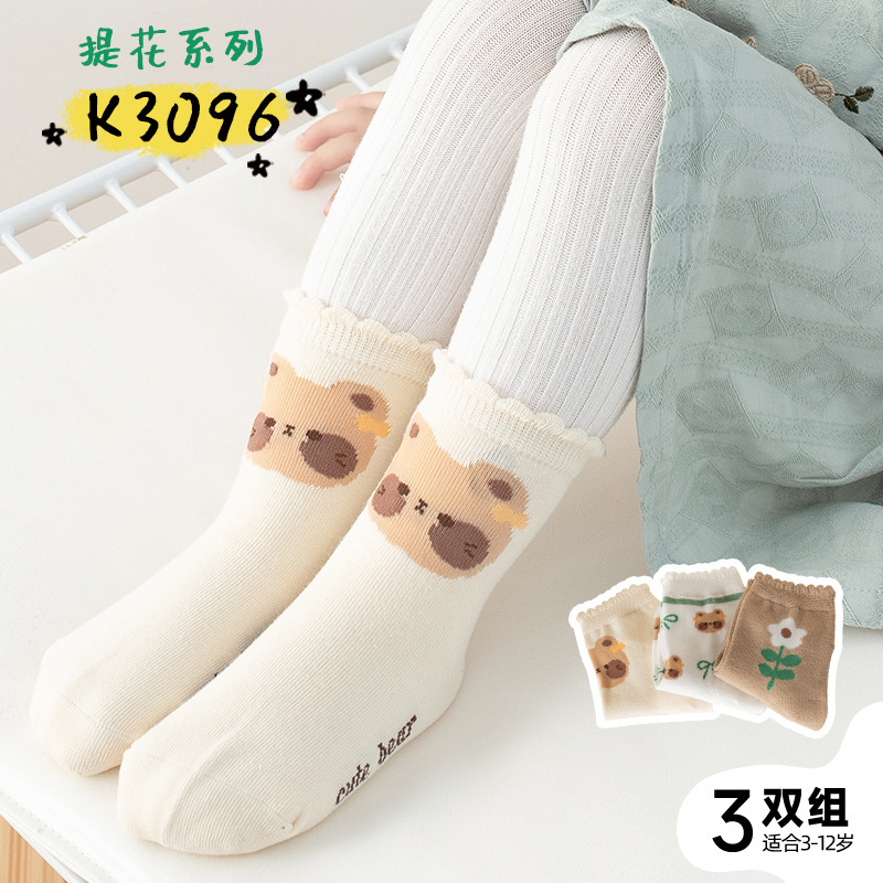 2023秋の新商品の中で子供の女の子のクラスaのかわいい熊のレースの子供の靴下の骨なしの精練綿の中筒|undefined