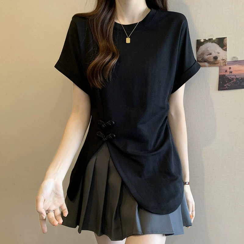 Новая женская футболка с короткими рукавами и нерегулярными плечами в китайском стиле больших размеров, летняя женская футболка для похудения, свободный топ с разрезом на пуговицах в китайском стиле