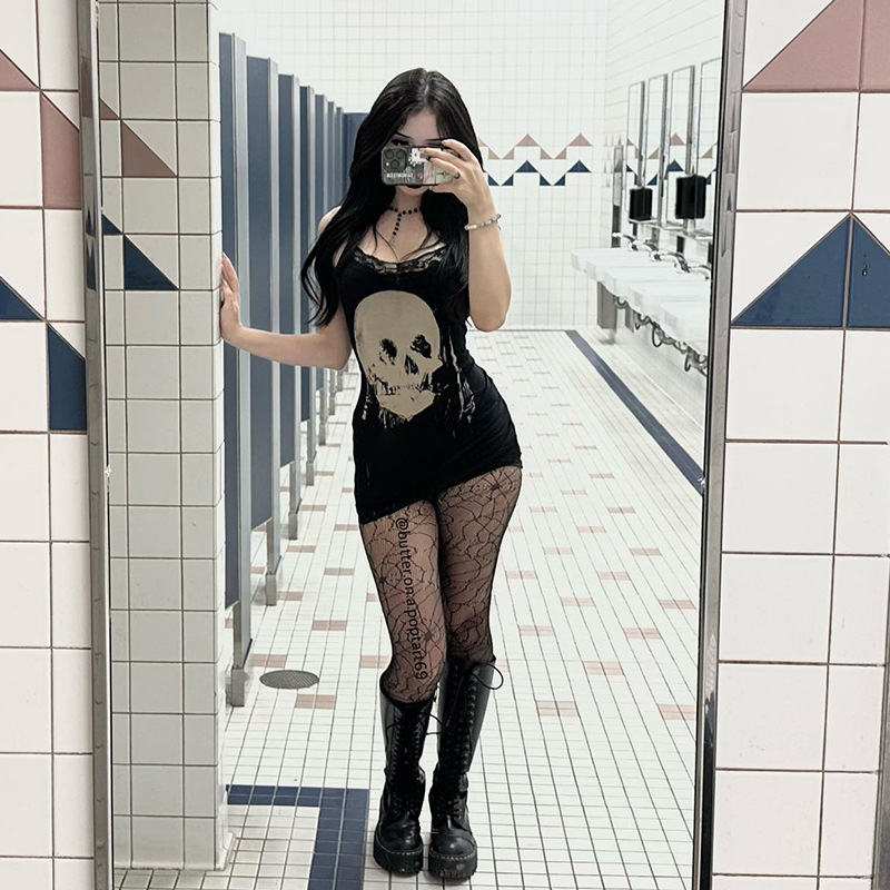 Summer Sexy Short Dress Dark Personalized Skull Printed Suspender Dress for Women