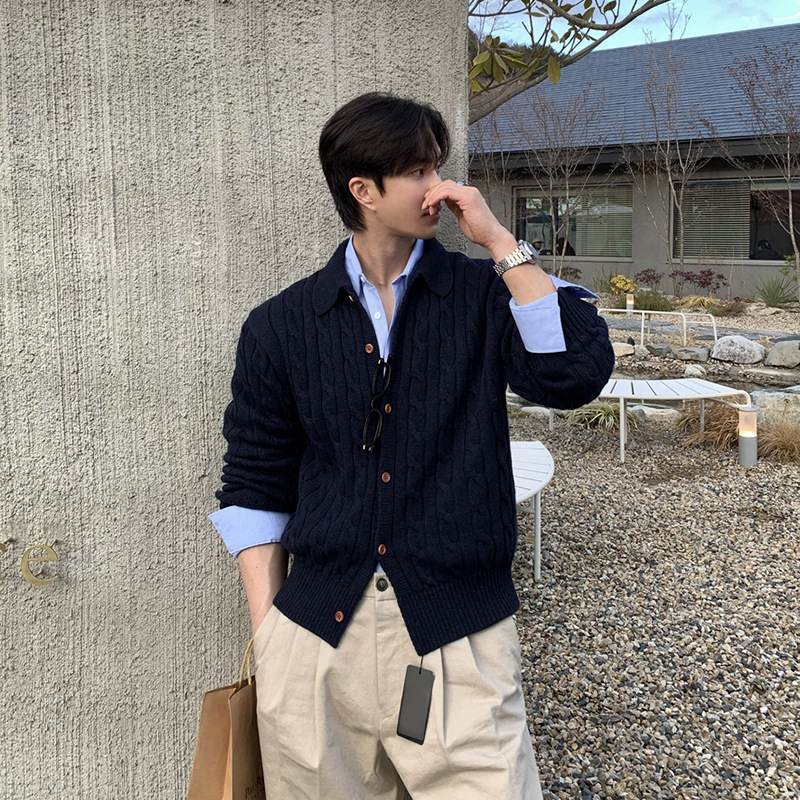 Asclo&Qiao Korean Style Men's Knitwear Casual Loose Retro Jacket Korean Style High-End Twist Pattern Asclo&Qiao Korean Style Men's Knitwear Casual Loose Retro Jacket Korean Style High-End Twist Pattern