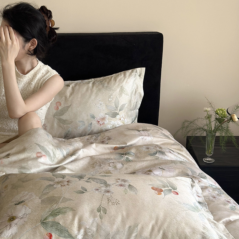 100S Satin Long-staple Cotton Four-piece Superior Pastoral Style Floral Cotton Pure Cotton Bed Sheet Quilt Cover Bedding